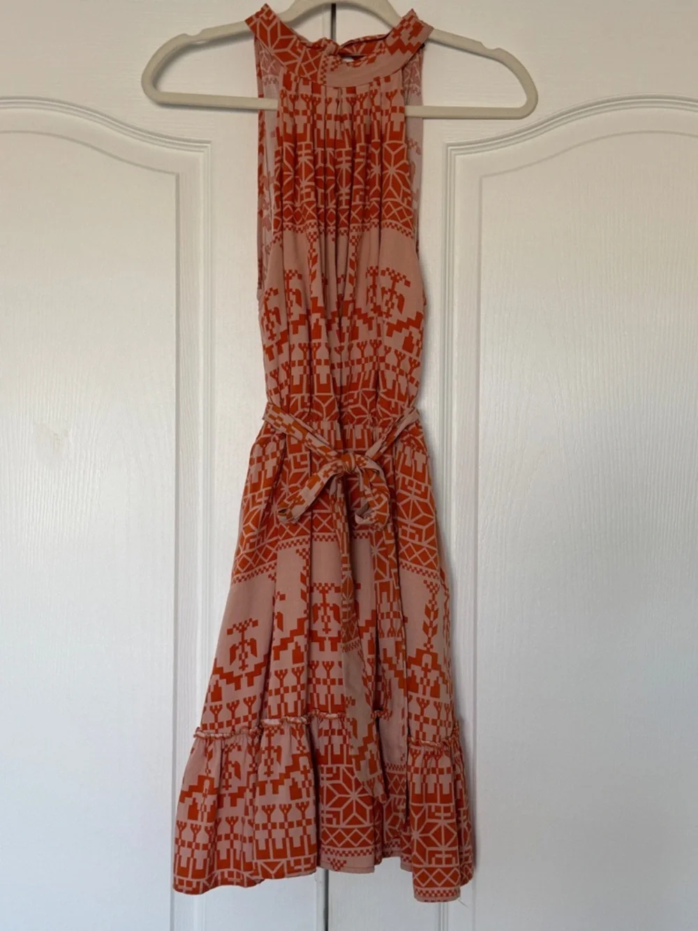 Orange Geometric Print Halter Neck Tiered BTFBM Mini Dress Tie Waist Lined Large - Picture 8 of 10